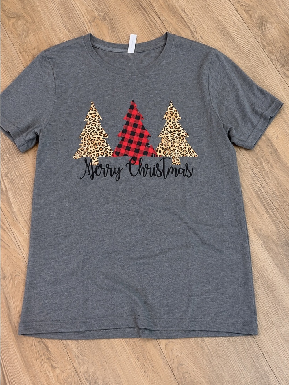Bella Canvas Gray Tee with Red Buffalo Plaid & Leopard Tree Trio